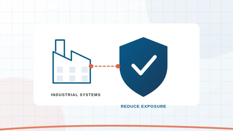 Illustration of an industrial factory protected by a cybersecurity shield